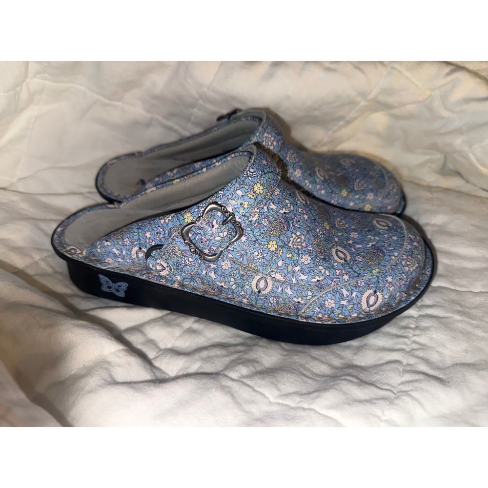 Alegria Seville Blue Floral Leather Convertible Clogs Smooth Jazz Size 39 9-9.5